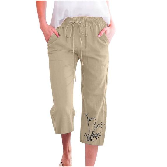 Virmaxy Womens Wide-Leg Capris Pants Small Printed Drawstring Cotton Linen Casual Loose Leisure Wide Leg Straight Pants With Pockets 7 Pants Beige-B M