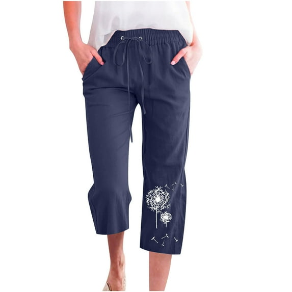 Virmaxy Womens Wide-Leg Capris Pants Small Printed Drawstring Cotton Linen Casual Loose Leisure Wide Leg Straight Pants With Pockets 7 Pants Navy-A 2XL