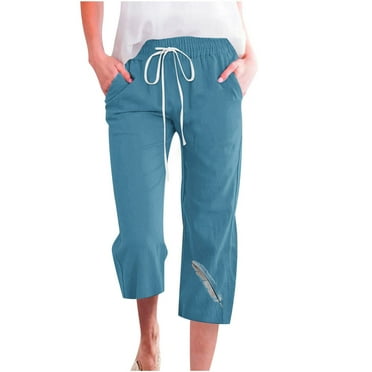 Virmaxy Womens Wide-Leg Capris Pants Solid Colour Drawstring Cotton Linen Casual Loose Leisure Wide Leg Straight Mid Pants With Pockets Blue-A L