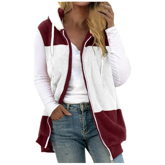 Virmaxy Womens Winter Full Zipper Hooded Jacket Color Block Fuzzy Fleece Hooded Cardigan Coat Long Sleeve Plush Mid-Length Outwear Jacket Trendy Casual Fall Winter Plush Cardigan Burgundy M