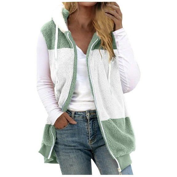 Virmaxy Womens Winter Full Zipper Hooded Jacket Color Block Fuzzy Fleece Hooded Cardigan Coat Long Sleeve Plush Mid-Length Outwear Jacket Trendy Casual Fall Winter Plush Cardigan Mint Green M