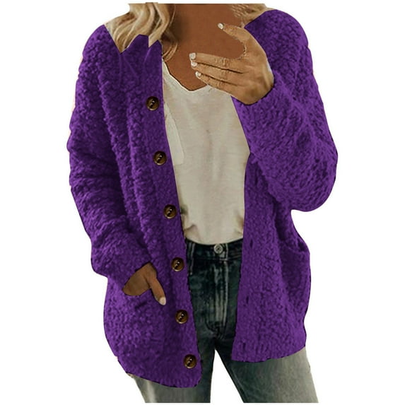 Virmaxy Womens Winter Sherpa Fleece Coat Solid Color Fuzzy Fleece Open Front Teddy Jacket with Pocket Long Sleeve Shawl Neck Button Cardigan Trendy Casual Fall Winter Plush Cardigan Purple XL