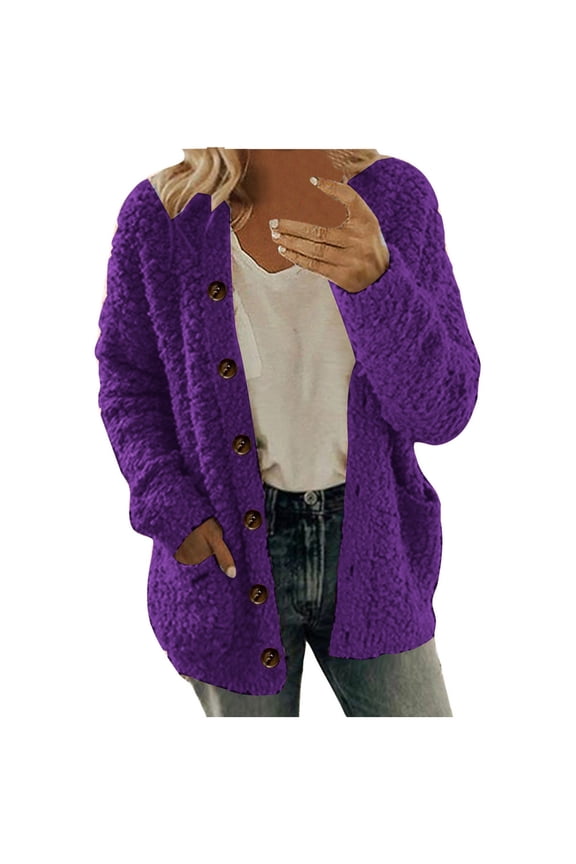 Womens Winter Sherpa Fleece Coat Solid Color Fuzzy Fleece Open Front Teddy Jacket with Pocket Long Sleeve Shawl Neck Button Cardigan Trendy Casual Fall Winter Plush Cardigan Purple S