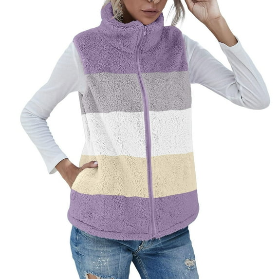 Virmaxy Womens Winter Sherpa Fleece Vest Color Block Fuzzy Fleece Coat Sleeveless Full Zip up Mock Neck Plush Jacket Warm Winter Coat Outerwear Purple-A XL