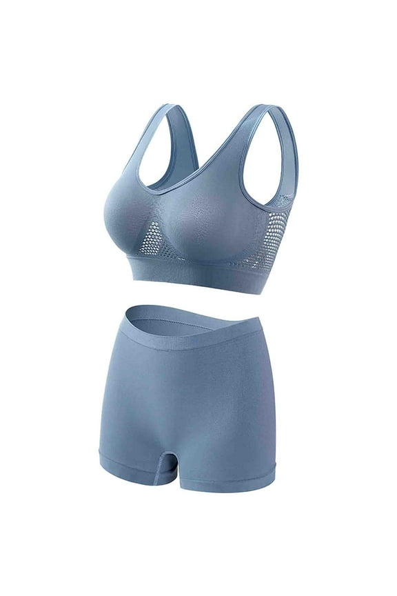 Womens Wirefree Sport Bras Boxer Shorts Set High Impact Hollow Out Workout Gym Activewear Set Workout Gathering Seamless Breathable Sports Underwear Panty Set Blue XXL