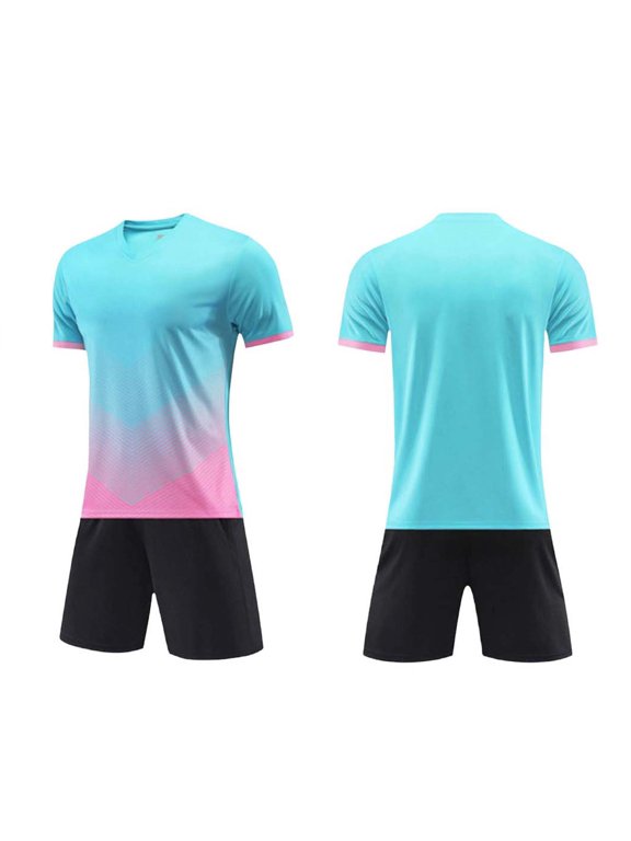 Youth Gradient Color Block Football Jersey Set V Neck Short Sleeve Stripe Quick Dry Breathable Two Piece Athletic Training Outfit, for 5-15Y