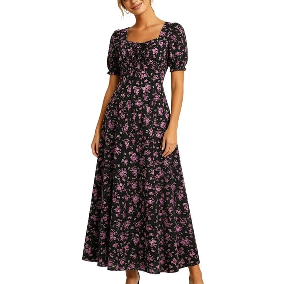 Virmaxy women summer dress 2026 Summer A Line Maxi Dress Floral Print Square Neck Puff Sleeve Dress for Wedding Guest and Vacation Daily Wear S-XXL