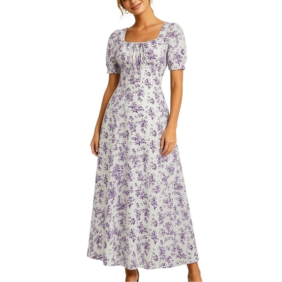 Virmaxy women summer dress 2026 Summer A Line Maxi Dress Floral Print Square Neck Puff Sleeve Dress for Wedding Guest and Vacation Daily Wear S-XXL