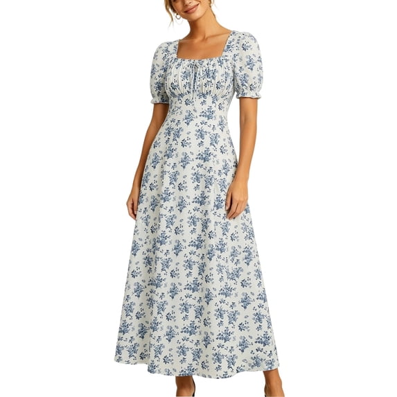 Virmaxy women summer dress 2026 Summer A Line Maxi Dress Floral Print Square Neck Puff Sleeve Dress for Wedding Guest and Vacation Daily Wear S-XXL
