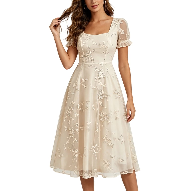 Virmaxy women summer dress 2026 Summer Square Neck Tulle Midi Dress Floral Embroidery Puff Sleeve A Line Formal Dress for Wedding Guest and Cocktail Wear S-XXL