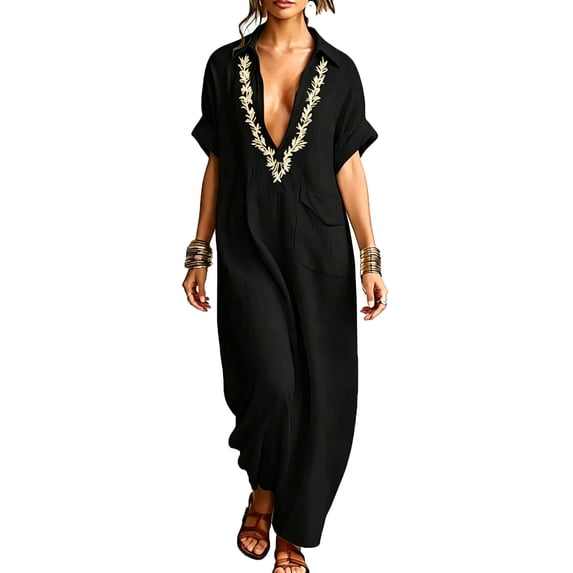 Virmaxy women summer dress 2026 Women's Casual Summer Maxi Dress V Neck Collared Embroidered Short Sleeve Loose Fit Dress for Beach Vacation Daily Wear