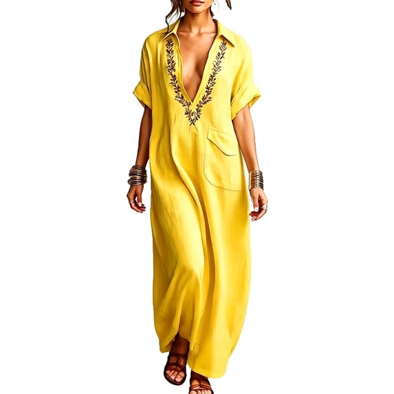 Virmaxy women summer dress 2026 Women's Casual Summer Maxi Dress V Neck Collared Embroidered Short Sleeve Loose Fit Dress for Beach Vacation Daily Wear