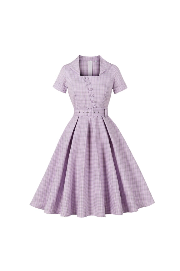 women summer dress 2026 Women's Fine Grid Plaid Fit And Flare Midi Dress Notched Lapel Short Sleeve Belted Swing Dress for Wedding Guest Cocktail Summer S-XXL