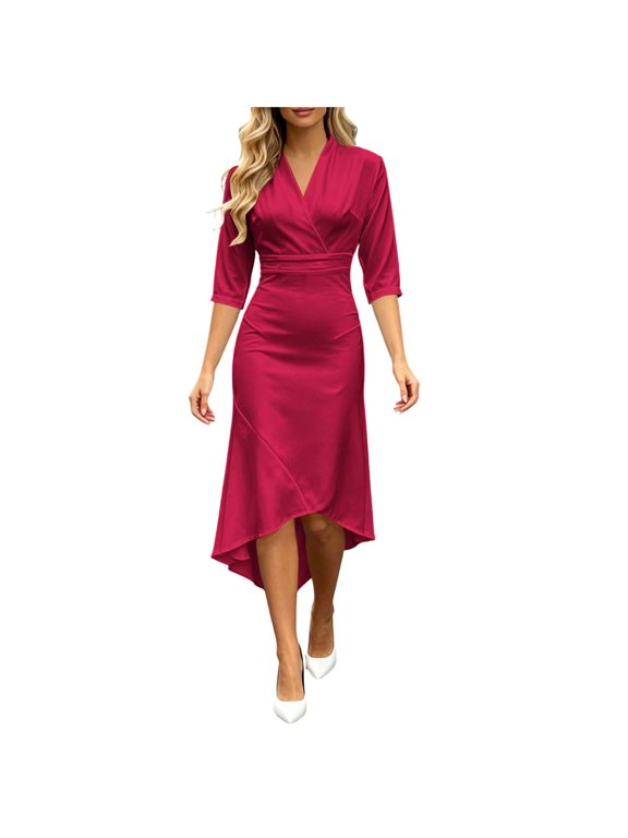 women summer dress 2026 Women's High Waist Asymmetrical Wrap Midi Wedding Guest Dress V Neck 3/4 Elbow Sleeve Tummy Control Stretch Drape Solid Semi Formal Sundress S-XL