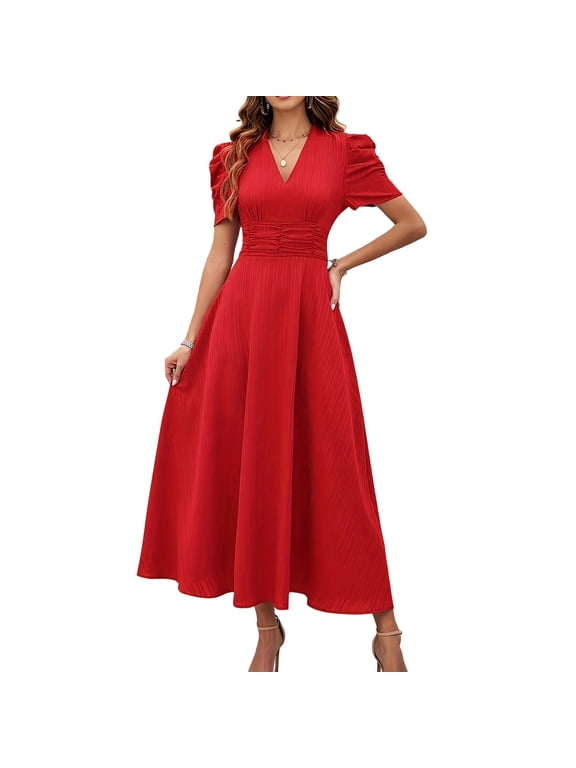 women summer dress 2026 Women's Ruched Waist A Line Midi Dress with Back Zipper V Neck Puff Sleeve Party Dress for Wedding Guest and Evening Date S-XL