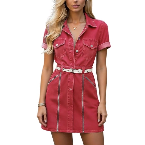 Virmaxy women summer dress 2026 Women's Stretch Denim Belted Mini Shirt Dress Short Sleeve Collar Multi Pocket Contrast Stitch Casual Summer Dress S-XXL