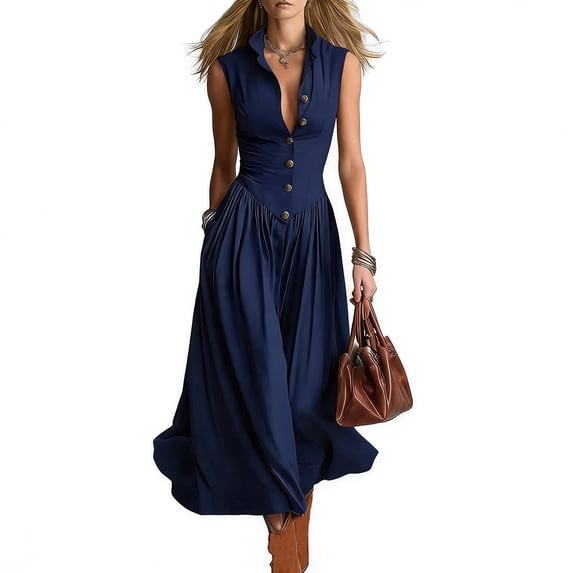 Virmaxy women summer dress 2026 Women's V Neck Sleeveless Maxi Dress Button Front Cinched Waist A Line Dress with Pockets for Work Wedding Guest Date Night S-XXL