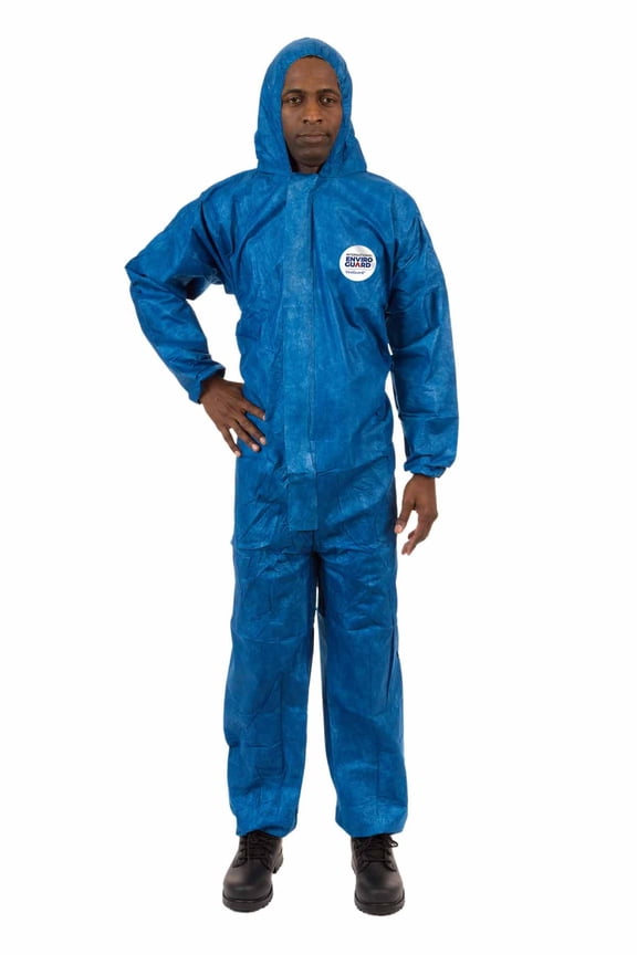 ®, Blue Hazmat Coverall with Hood, Elastic Wrists & Back, Front Zipper with Storm Flap