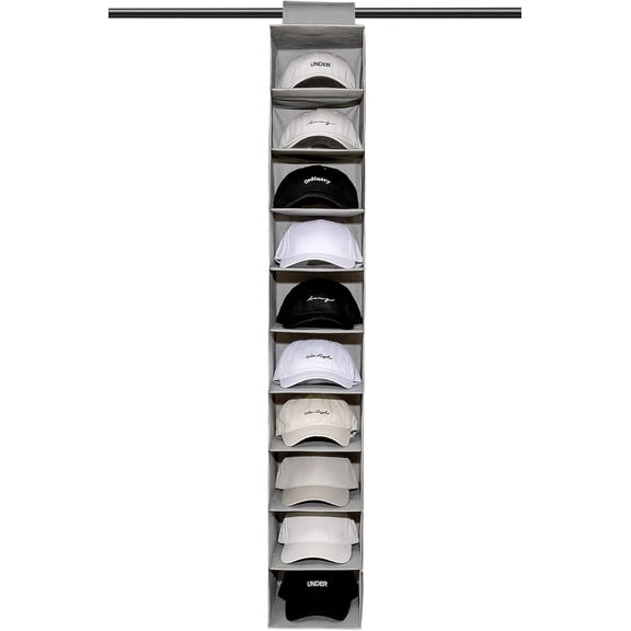 Viroistara 10 Compartments Hat Organizer for Baseball Caps, 1 Pack Hat Rack Hanging Storage Organizer, Non-Woven Fabric Hat Storage, Cap Holder Hanger for Closet, Bedroom, Grey