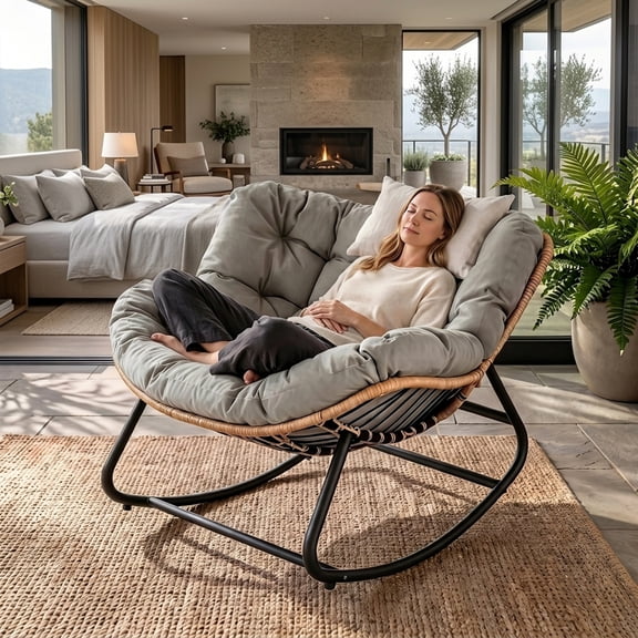 Virplik Outdoor/Indoor Rocking Chair,Papasan Chair,Outdoor Patio Porch Furniture,Rattan Wicker Lounge Chair Indoor ,Rocker Egg Chair for Bedroom/Living Room/Porch/Garden/Lawn