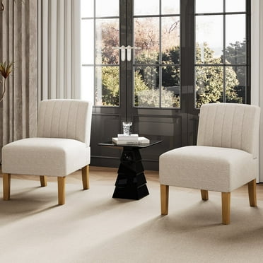 Virrmo Modern Armless Accent Chair for Bedroom Chair Living Room Chairs with Wooden Legs, Vanity Chair Beige (Set of 2)
