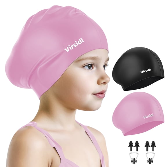 Virsidi 2 Pack Kids Swim Cap for Girls Boys, 2 Size Silicone Swimming Cap for Toddlers Children Teens, Waterproof Swim Hatsfor Long Hair to Keep Hair Dry