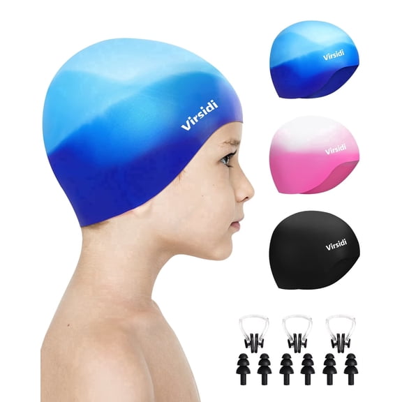Virsidi 3 Pack Kids Swim Cap for Boys Girls, Unisex Silicone Swimming Caps for 3-15 Toddler Children Teen, Waterproof Bathing Caps for Short/Long Hair to Keep Hair Dry