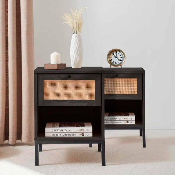 Virtu Nightstand Set of 2, Side Table with 1 Drawer, End Table for Living Room or Bedroom, Black