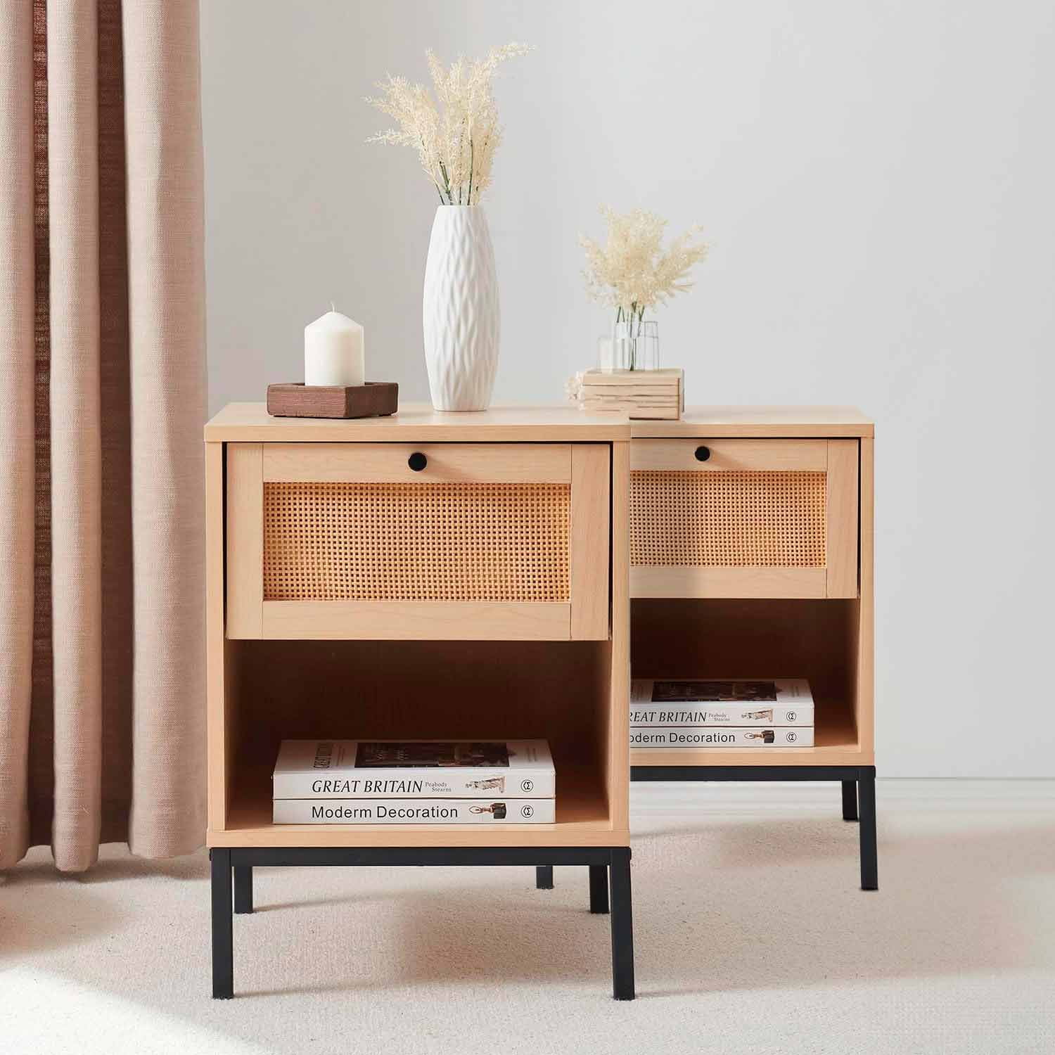 Virtu Nightstand Set of 2, Side Table with 1 Drawer, End Table for Living Room or Bedroom, Natural