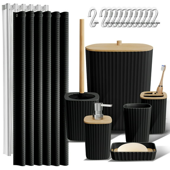 Hearth & Harbor 20 Piece Bamboo Bathroom Sets, Black Bathroom Accessories Set with Shower Curtain