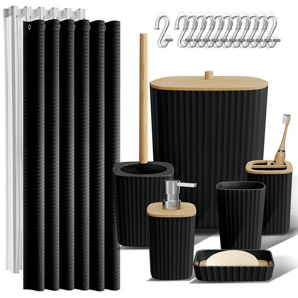 Hearth & Harbor 20 Piece Bamboo Bathroom Sets, Black Bathroom Accessories Set with Shower Curtain