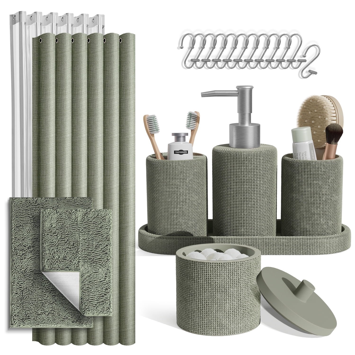 Hearth & Harbor 21 Piece Bathroom Sets with Shower Curtain and Rugs and Accessories, Sage Green