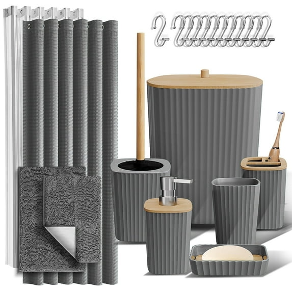 Hearth & Harbor 22 Piece Bamboo Bathroom Sets, Gray Bathroom Accessories Sets for Minimalistic Bathroom Décor