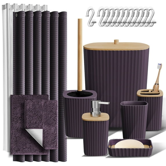Hearth & Harbor 22 Piece Bamboo Bathroom Sets, Purple Bathroom Accessories Sets for Minimalistic Bathroom Décor