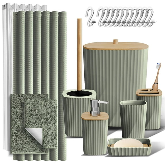 Hearth & Harbor 22 Piece Bamboo Bathroom Sets, Sage Green Bathroom Accessories Set for Minimalistic Bathroom Décor