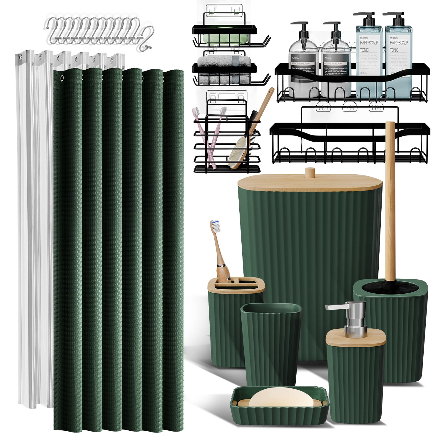 Hearth & Harbor 24 Piece Bamboo Bathroom Sets, Hunter Green Bathroom Accessories Set and Shower Caddy Set