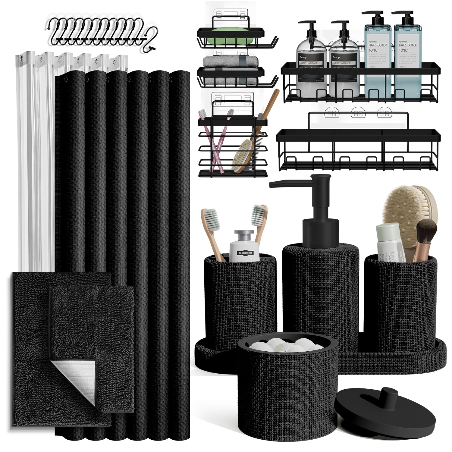 Hearth & Harbor 26 Piece Bathroom Sets with Shower Curtain, Rugs, Accessories and Shower Caddies, Black
