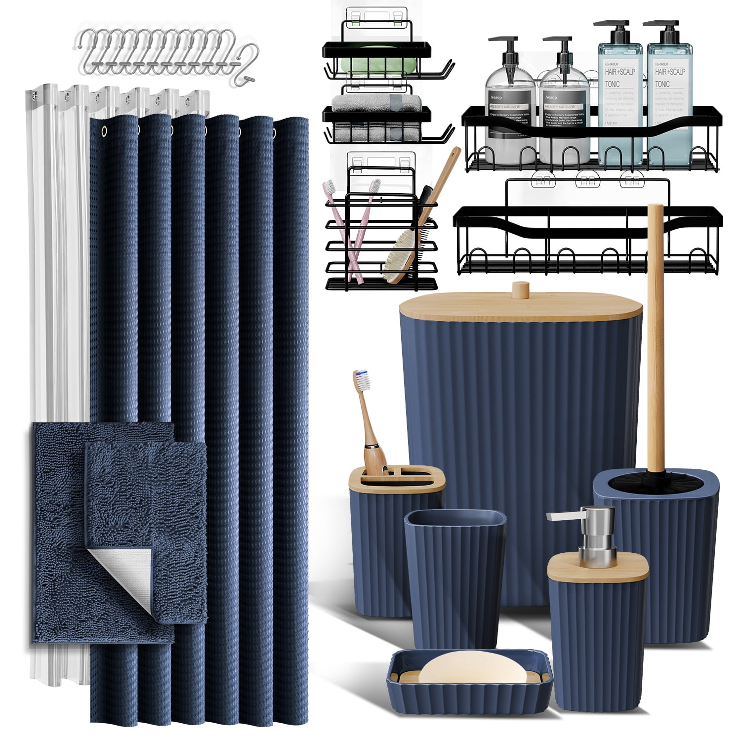 Hearth & Harbor 27 Piece Bamboo Bathroom Sets, Navy Blue Bathroom ...