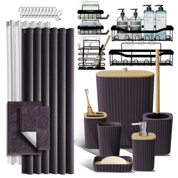 Hearth & Harbor 27 Piece Bamboo Bathroom Sets, Purple Bathroom Accessories Set with Bathroom Rugs and Shower Caddy Set