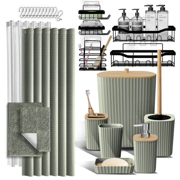 Hearth & Harbor 27 Piece Bamboo Bathroom Sets, Sage Green Bathroom Accessories Set with Bathroom Rugs and Shower Caddy Set