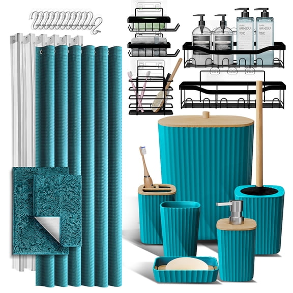Hearth & Harbor 27 Piece Bamboo Bathroom Sets, Teal Blue Bathroom Accessories Set with Bathroom Rugs and Shower Caddy Set