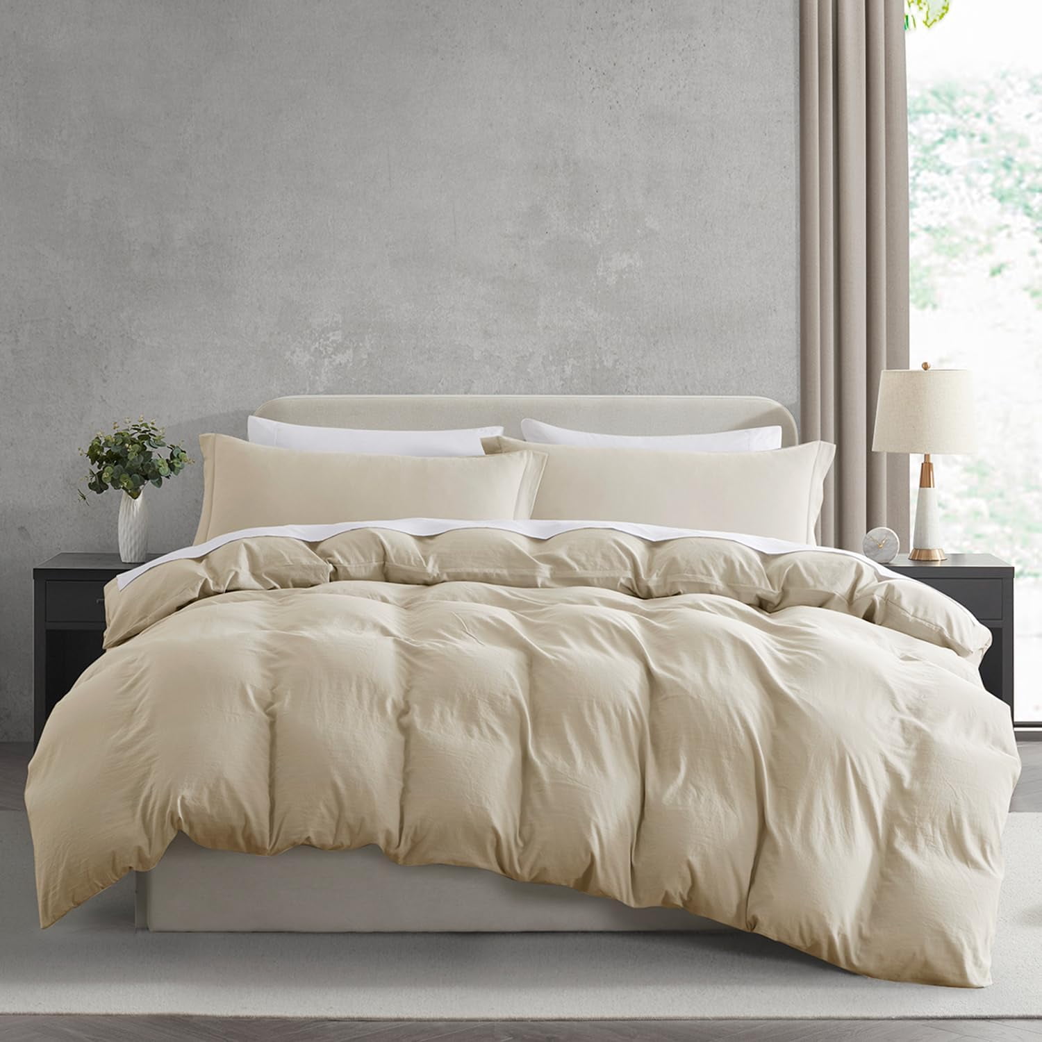 Virtu 3-Piece Duvet Cover Set, Soft Prewashed Bedding Set California King with Pillow Shams, Beige Cream
