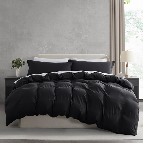 Virtu 3-Piece Duvet Cover Set, Soft Prewashed Bedding Set California King with Pillow Shams, Black