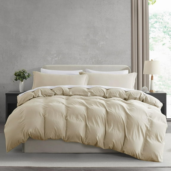 Virtu 3-Piece Duvet Cover Set, Soft Prewashed Bedding Set Queen with Pillow Shams, Beige Cream