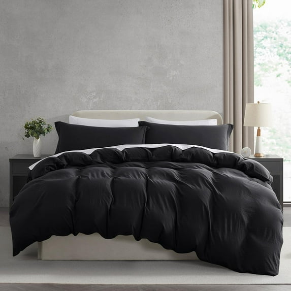 Virtu 3-Piece Duvet Cover Set, Soft Prewashed Bedding Set Queen with Pillow Shams, Black