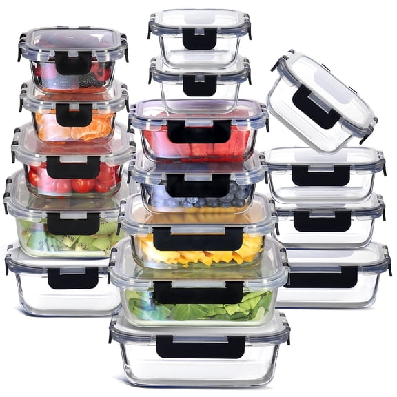 Virtu 32pc Glass Food Storage Containers with Lids, Airtight Glass Meal Prep Containers, Oven, Microwave & Freezer Safe Glass Storage Containers