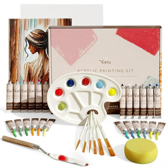 Virtu 34pc Acrylic Paint Set, 24 Colors (12ml) Acrylic Craft Paint Kit With 2 Canvases, 5 Paint Brushes, Painting Pallet, Painting Knife and 1 Sponge