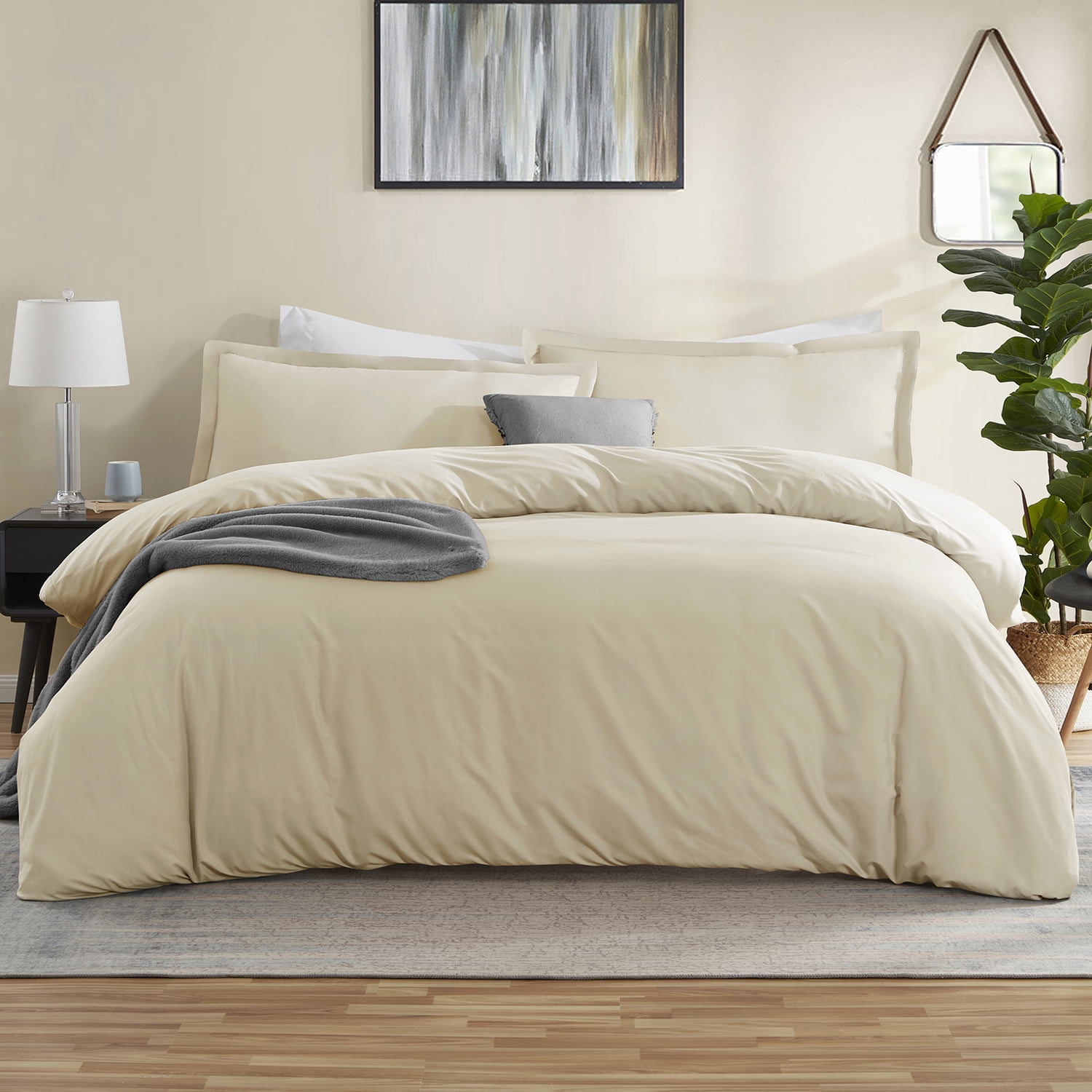 Virtu 3pc Duvet Cover Set, Luxury Microfiber Bedding Set Full with 2 Pillow Sham, Beige cream