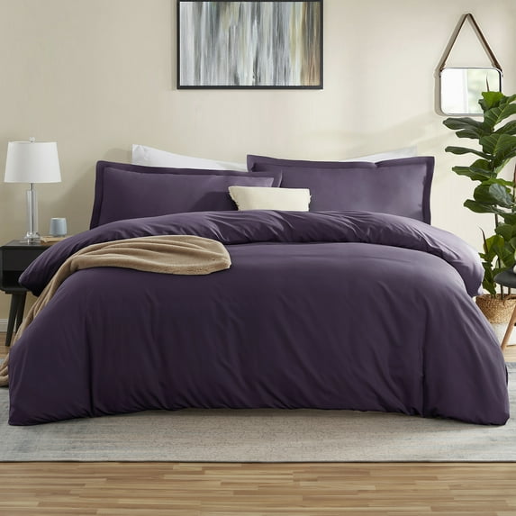Virtu 3pc Duvet Cover Set, Luxury Microfiber Bedding Set Full with 2 Pillow Sham, Purple eggplant