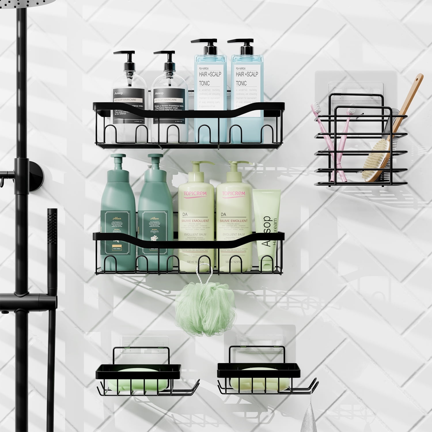 Virtu 5 Pack Adhesive Shower Caddy Organizer, Heavy Duty Stainless Steel Rustproof Shower Caddy, Black